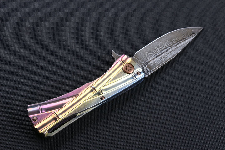 Microtech Choi bamboo Titanium handle American Damascus knife UD402378